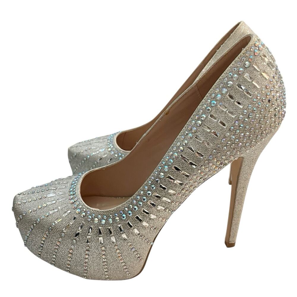 Cathy Jean Glitter Rhinestone Platform Heels Size 10 Silver Stiletto Bridal Prom